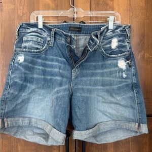 Silver Jeans Distressed Rolled Hem Denim Shorts - Faded Blue